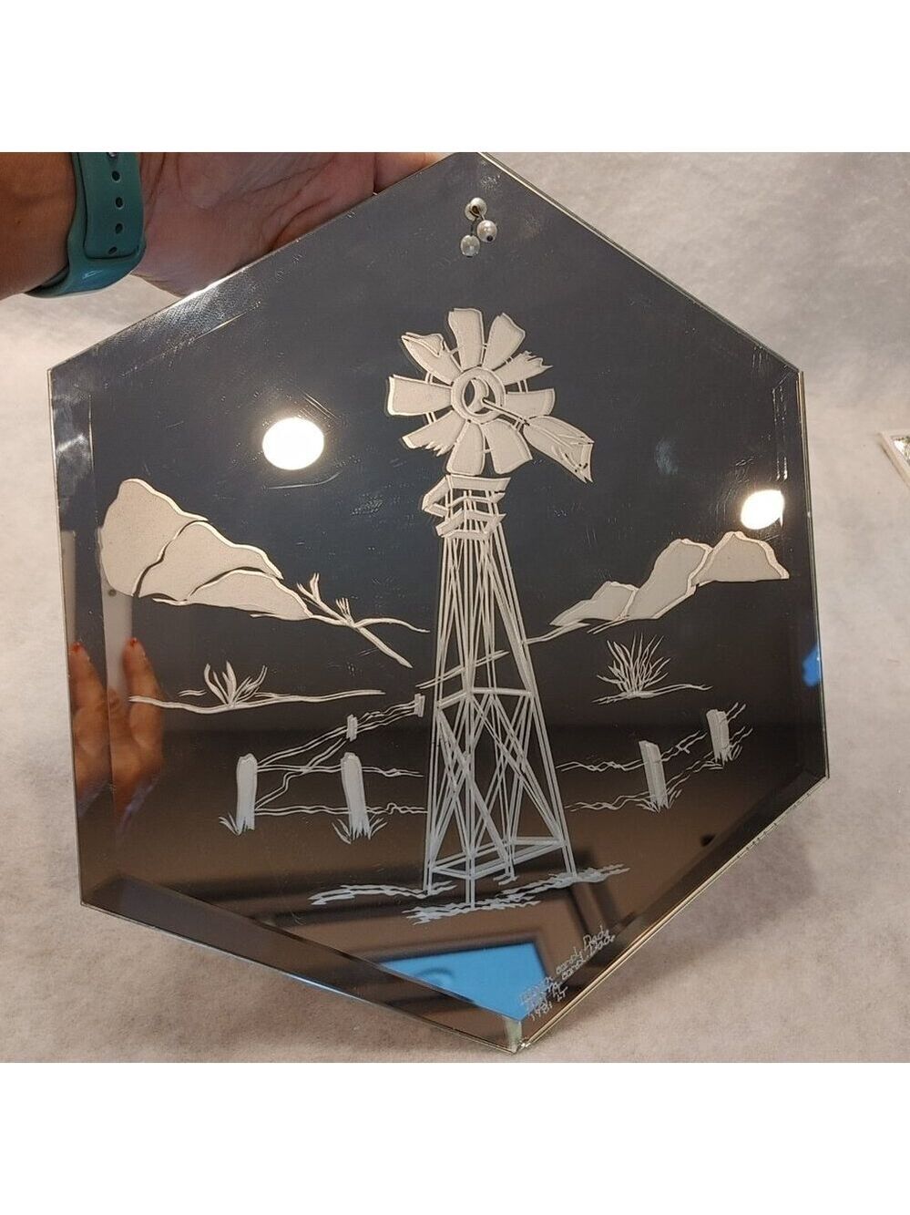 Vintage Art Deco Octagon Wall Mirror Etched Glass